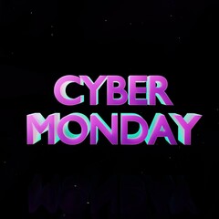 3d rendering. Cyber Monday concept banner in fashionable 3d multicolor style, nightly advertising advertisement of sales rebates of cyber Monday. Dark background. Purple, blue and yellow 3d text. 