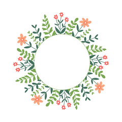 Circle floral frame. Botanical wreath with space for text.