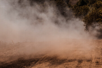 Fototapeta na wymiar A dust storm. Powdered dust and sand flowing into air on a gravel road. Concept of extreme weather events, rally and offroad races. Copy space.