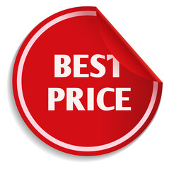 Best price sticker. Red round label with curled corner