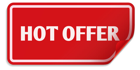 Hot offer sticker with curled corner. Red label mockup