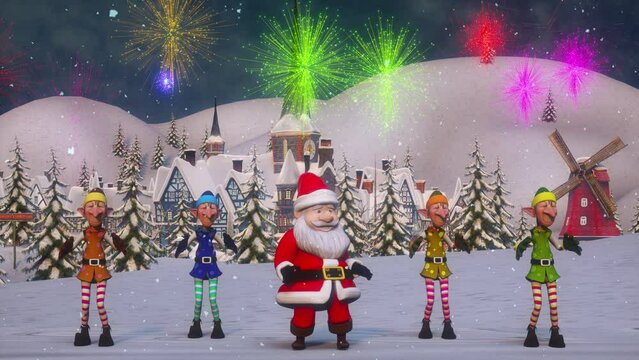 Funny Santa Claus and Elfs are dancing in the Christmas winter forest near Christmas village with Fireworks.. It is snowing. The concept of Christmas and New Year dance video animation. Seamless Loop.