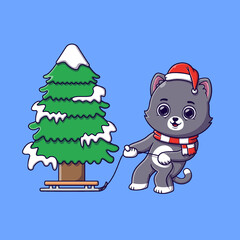 cute cat pulling a sled with pine tree