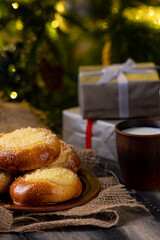 delicious homemade pie with milk on a wooden table