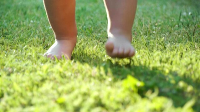 Little baby walking barefoot on green grass, closeup
