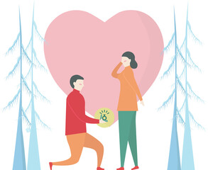 Man are giving wedding ring to his girlfriend. Scene design about couple of love in winter season.