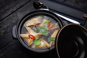 delicious soup prepared in the restaurant by the chef

