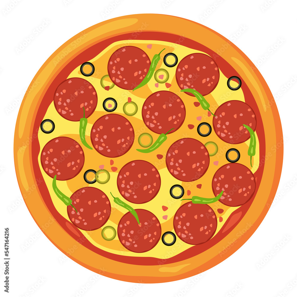 Wall mural Pizza top view with salami slices. Pepperoni cartoon icon