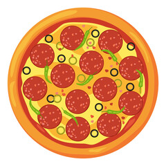 Pizza top view with salami slices. Pepperoni cartoon icon