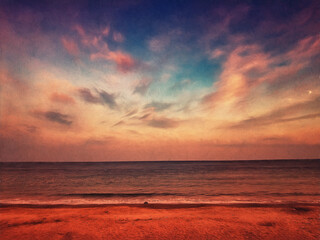 Naklejka na ściany i meble Multicolored sunset on the sea, clouds, shore. Illustration