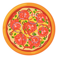 Tasty italian pizza top view. Delicious food icon