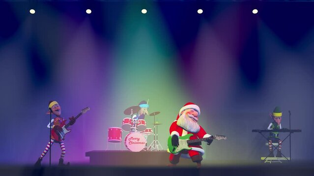 Funny Santa Claus and elfs play musical instruments on a stage illuminated by multi-colored lanterns. The concept of Christmas and New Year. Seamless Loop Christmas animation.
