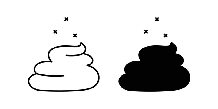 Set of piles of shit with flies. Silhouette of dog excrement with an unpleasant smell from them. Symbol of disgust. Black and white graphics. Turd in cartoon style contour graphics.
