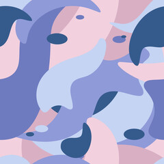 Abstract seamless background design. Abstract geometric pattern with different smooth flowing shapes. Purple, violet, pink colors, for fabric, wrapping, backdrop.