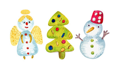 Set of cartoon christmas characters isolated on white background. Watercolor snowman, christmas angel and christmas tree.