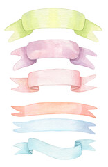 set of hand painted watercolor stripes, ribbons and shapes on white background