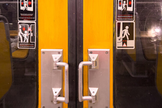 View Of The Inside Of A Subway Train With The Door Closed In Brussels