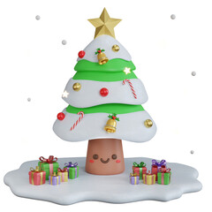 3D Holiday Season Christmas Tree with Ornaments and Present. Snowing. PNG Transparent Background.