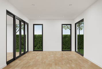 Empty white wall room with doors and windows. 3d rendering of residential building interior