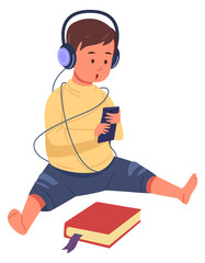 Boy listen music instead of reading. Modern kid gadget addiction - obrazy, fototapety, plakaty