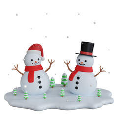 3D Holiday Season Christmas Tree and Snowman. Snow is Falling. PNG Transparent Background.