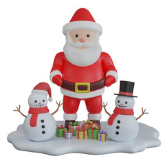 3D Holiday Season Christmas Santa Claus with Snowman and Present on the Snow. PNG Transparent Background.