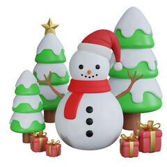 3D Holiday Season Christmas Tree and Snowman. Present and Gift Box. PNG Transparent Background.