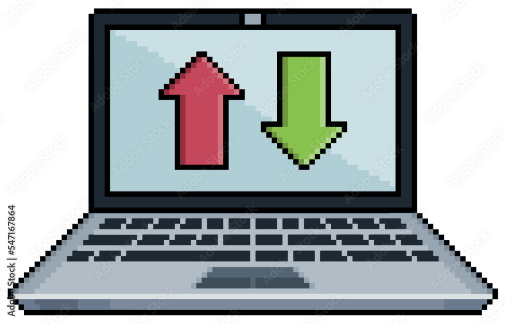 Aufkleber pixel art open laptop with upload and download icon vector icon for 8bit game on white background