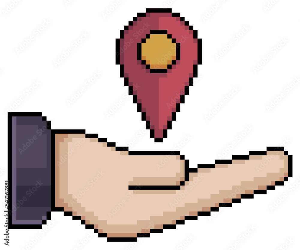 Poster pixel art hand with gps and location icon vector icon for 8bit game on white background