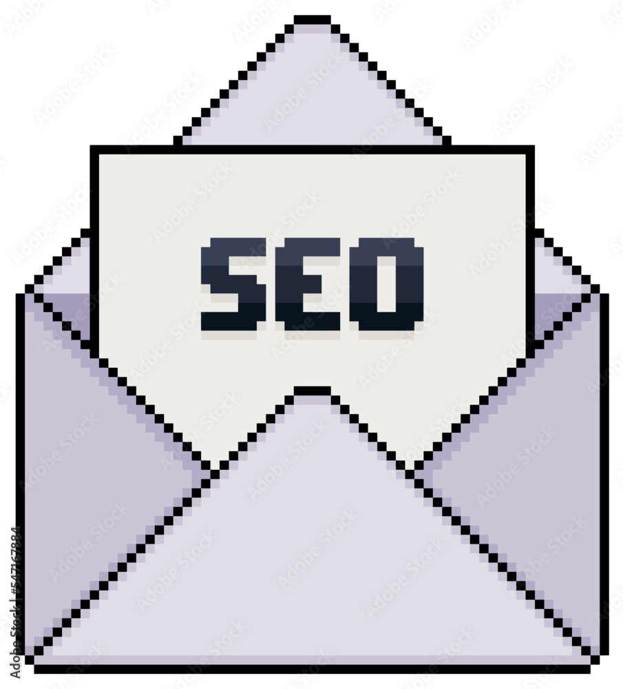 Poster pixel art envelope with seo written paper vector icon for 8bit game on white background