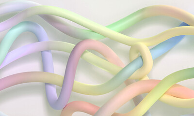 Waves of colored volumetric curves with a gradient on a white background . Three-dimensional .Abstract 3D Render