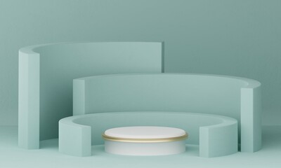 White  pedestal of platform display with metal gold modern stand podium with cylinder shapes on green blue pastel geometric background. Empty product shelf. 3D rendering.