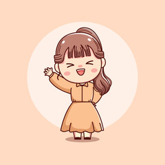 Cute happy beautiful girl waving hand kawaii chibi mascot character cartoon illustration