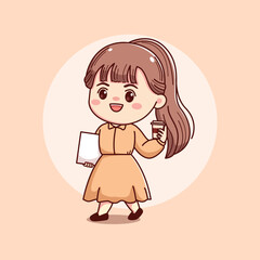 Cute happy beautiful girl with paper and coffee mascot character cartoon illustration