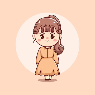 Cute happy beautiful girl straight long hair kawaii chibi mascot character cartoon illustration