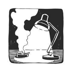 Vector illustration of a private investigator's desktop with a lamp and an ashtray.  A hand-drawn sketch for the design of a detective story.
