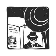 Vector hand-drawn illustration of a private detective's desk. The case is under the light of a lamp. A sketch for a detective-themed design.