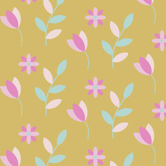 Flowers and leaves vector seamless pattern, doodling, simple, flat style, spring, summer, fresh, floral, green, pink, colourful, for print, textile, wallpaper, wrapping paper, branding, packaging 
