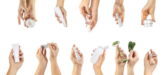 Cosmetics collage in the hands of a woman. Selective focus. Spa. 