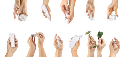 Cosmetics collage in the hands of a woman. Selective focus. Spa. 