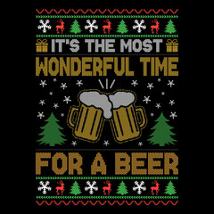 It's  the most wonderful time for a beer - Ugly Christmas sweater designs - vector Graphic