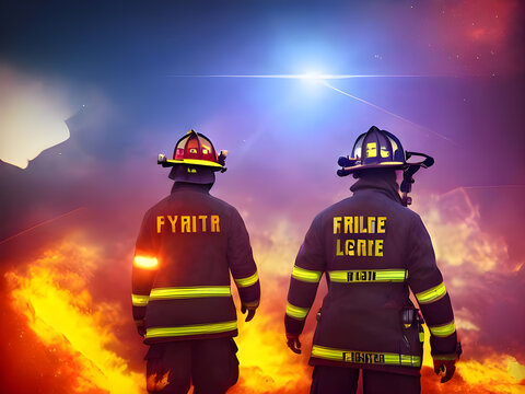 Mutige Feuerwehrm&auml;nner stehen vor Brand