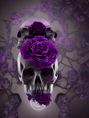 Abstrakter Totenkopf mit lila Rose, Illustration