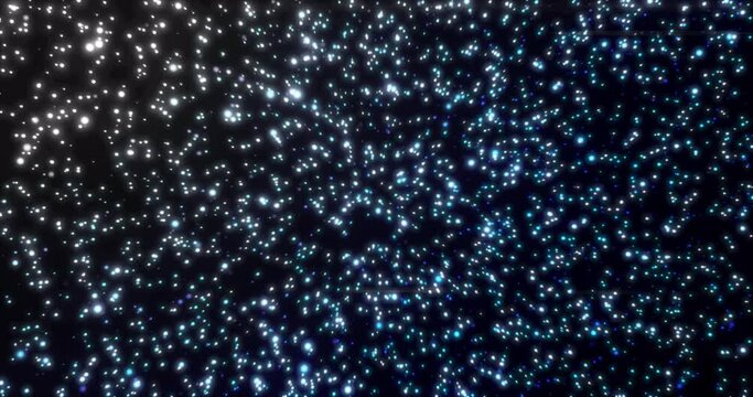 Christmas New Year snowfall from small glowing flying snowflakes particles dots blue white shiny festive isolated on black background. Abstract background. Screensaver, video in high quality 4k