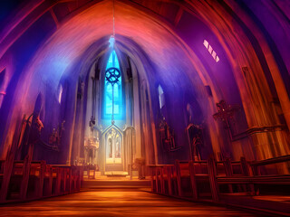 Satans Kirche, Kathedrale von innen, mystisch düster, rotes Leuchten