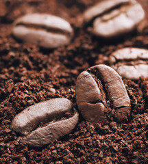 Macro shot of coffee beans and grounds