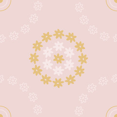 Vector repeat pattern with yellow and white flowers geometrically arranged on light pink background