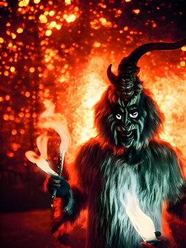 Einhörniges Fellmonster mit brennenden Wald im Hintergrund, mystisch böse