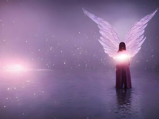 Göttlicher Engel mit glühendem Licht und großen weißen Flügel, digitale Kunst, Illustration - obrazy, fototapety, plakaty