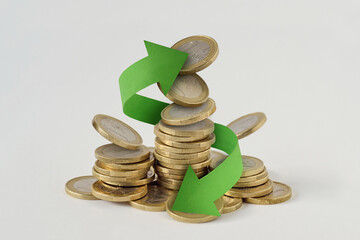 Euro coins stack with circle arrows - Concept of finance, cash back and money circulation